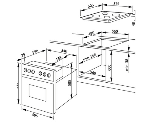 Produktmaßzeichnung eines Einbauherds mit Kochfeld