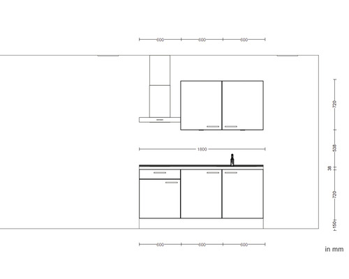 Skizze einer Küchenzeile mit Spüle, Dunstabzugshaube und Maßen
