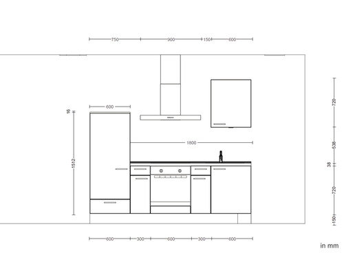 Skizze einer Küchenzeile mit Maßen in Millimetern.