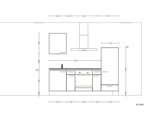 Skizze einer Küche mit Maßen in Millimetern