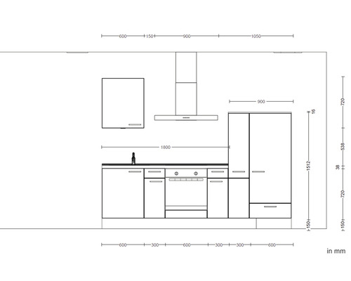 Skizze einer Küchenzeile mit Unterschränken, Spüle, Herd und Dunstabzugshaube mit Maßangaben