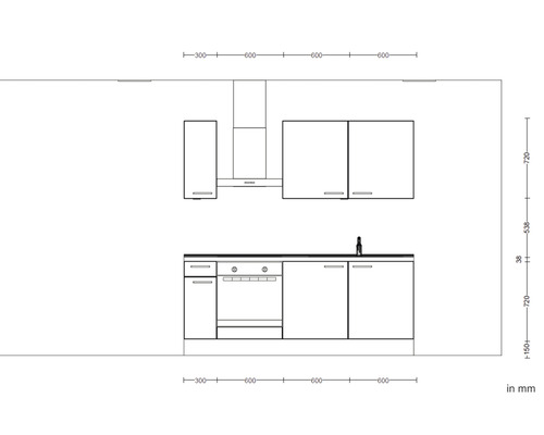 Skizze einer Küchenzeile mit Ober- und Unterschränken sowie einer Dunstabzugshaube