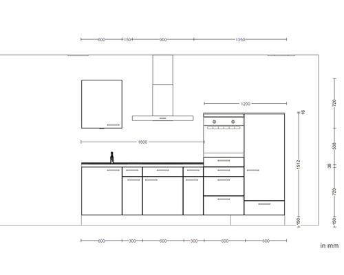Skizze einer Küchenzeile mit Maßangaben