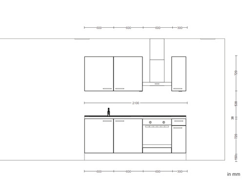 Skizze einer Küchenzeile mit Maßen in Millimeter