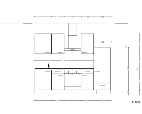 Skizze einer Küchenzeile mit Maßen in Millimeter.