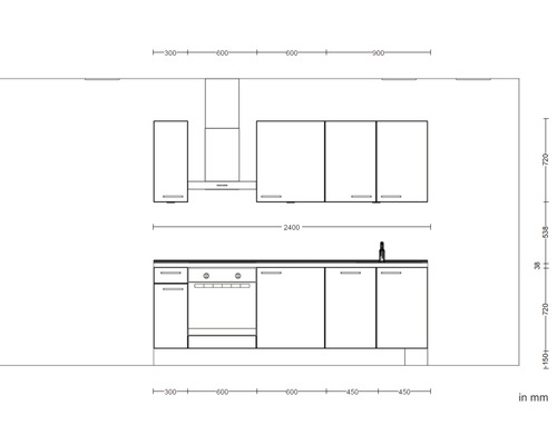 Küchenplanung mit Küchenschränken, Dunstabzugshaube, Herd und Spüle mit Maßangaben