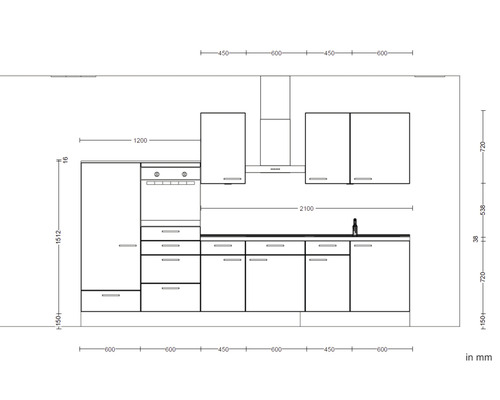 Skizze einer Einbauküche mit Maßen
