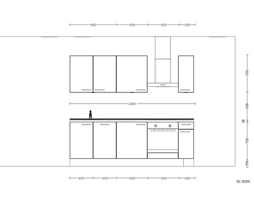 Küchenplanung mit Unterschränken, Spüle, Herd, Dunstabzugshaube und Oberschränken mit Maßangaben.