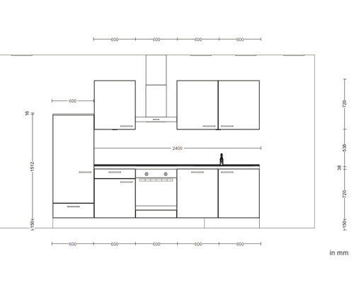 Skizze einer Küchenzeile mit Maßen.