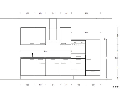 Skizze einer Einbauküche mit Maßen in Millimetern
