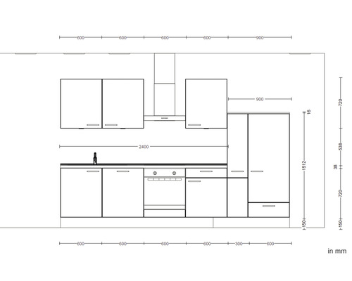 Skizze einer Küchenzeile mit Maßen in Millimeter