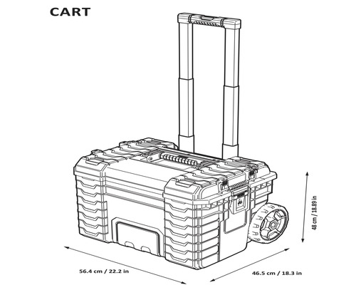 Werkzeugwagen mit Teleskopgriff und Rädern, Größenangaben.