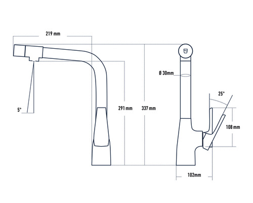 Technische Zeichnung einer Küchenarmatur mit Maßangaben