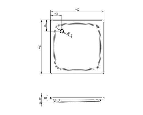 Schéma technique d''un receveur de douche avec dimensions