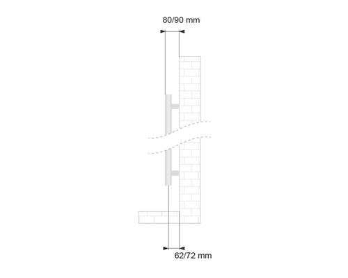 Illustration d''une fixation de tuyau sur un mur avec des indications de dimensions.