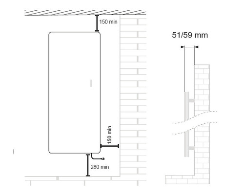Schéma d''installation d''un chauffe-eau avec indications de dimensions