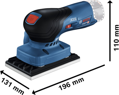 Bosch Professional Flächenschleifer mit den Maßen 110 mm Höhe, 131 mm Breite und 196 mm Länge