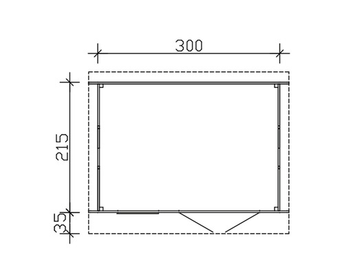 Grundrisszeichnung eines Gartenhauses mit den Maßen 300 mal 215 Zentimeter