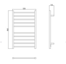Technische Zeichnung eines Handtuchwärmers mit den Maßen 860 x 530 x 105 Millimeter.