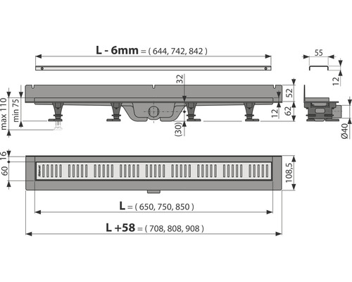 Schéma technique d''un caniveau de douche avec dimensions