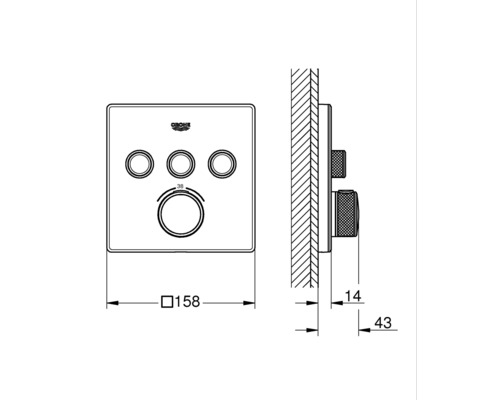 Schéma technique d''un robinet de douche Grohe avec indications de dimensions