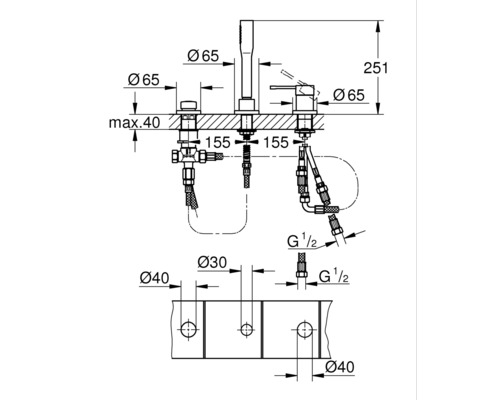 Technische Zeichnung einer Badarmatur mit Maßangaben