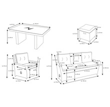 Dimensions de la table, du fauteuil, du canapé trois places et du tabouret