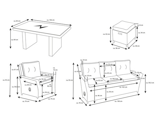 Dimensions de la table, du fauteuil, du canapé trois places et du tabouret