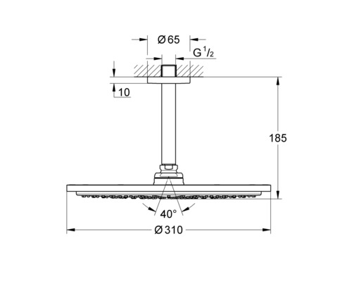Dessin technique d''une pomme de douche avec dimensions