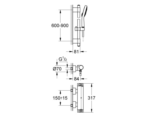 Schéma coté du système de douche