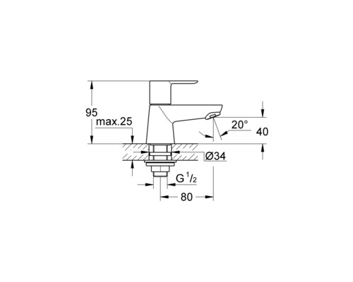 Technische Zeichnung einer Armatur mit Maßangaben
