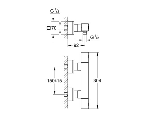 Schéma technique d''un robinet de salle de bain avec indications de dimensions