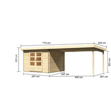 Blockbohlenhaus Karibu Noorvik 5 mit Schleppdach 4 m 714 x 333 cm natur