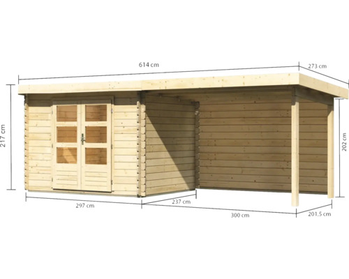 Holzgartenhaus mit Anbau und Maßangaben