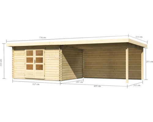 Illustration eines Gartenhauses aus Holz mit Maßangaben.