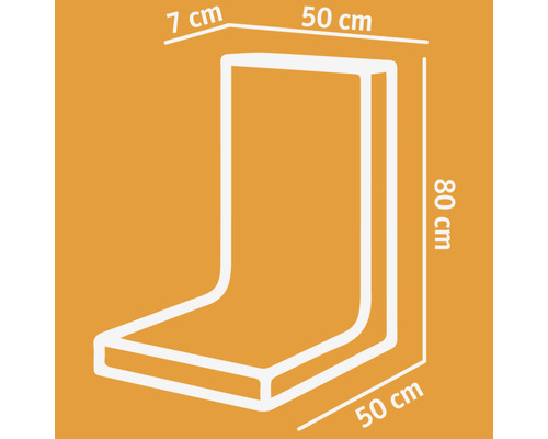 Schéma d''un coussin d''angle mesurant 50 cm x 80 cm x 7 cm