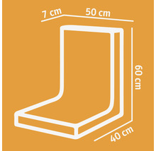 Schéma d''un coussin d''angle avec les dimensions 7 centimètres, 50 centimètres, 60 centimètres et 40 centimètres