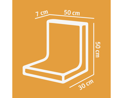 Technische Zeichnung eines Eckkissens mit den Maßen 50 cm x 50 cm x 30 cm x 7 cm.