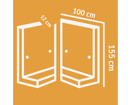Dimensions d''une cabine de douche : 12 cm, 100 cm et 155 cm