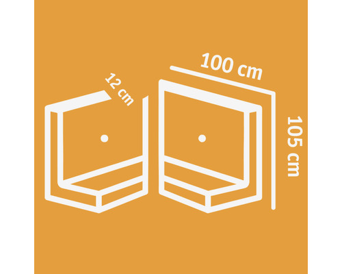 Abmessungen eines Regals: 12 Zentimeter tief, 100 Zentimeter breit und 105 Zentimeter hoch