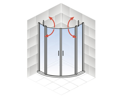 Dusche mit abgerundeten Schiebetüren in Badezimmerecke