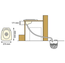 Schéma de toilettes sèches avec les dimensions de 375 mm de largeur, 450 mm de hauteur et 171 mm de distance