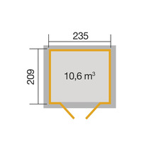 Grundrisszeichnung eines Gartenhauses mit den Maßen 235 mal 209 Zentimeter und 10,6 Kubikmeter Rauminhalt