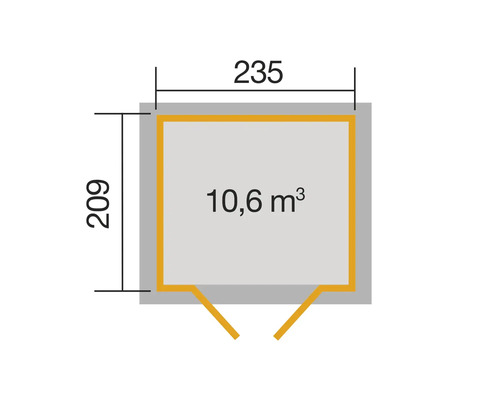 Grundrisszeichnung eines Gartenhauses mit den Maßen 235 mal 209 Zentimeter und 10,6 Kubikmeter Rauminhalt