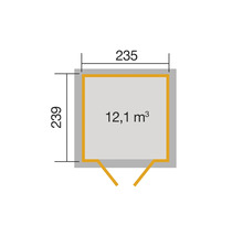 Grundrisszeichnung mit Maßen 235 mal 239 und 12,1 Kubikmeter