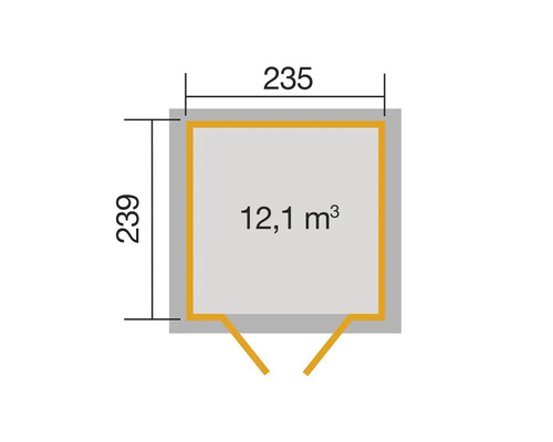 Grundrisszeichnung mit Maßen 235 mal 239 und 12,1 Kubikmeter