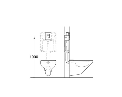 Schéma de toilettes suspendues avec réservoir de chasse et dimensions