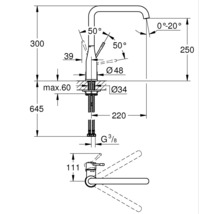 Dessin technique d''un robinet de cuisine avec dimensions