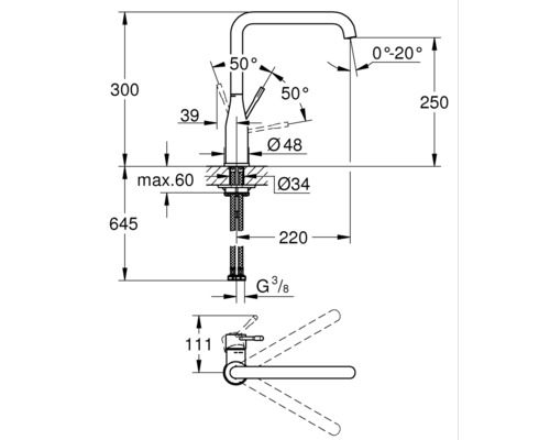 Dessin technique d''un robinet de cuisine avec dimensions