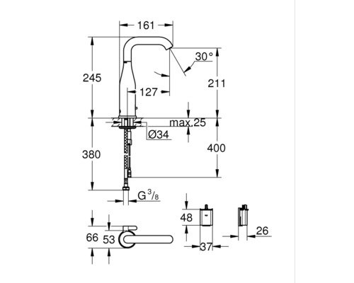 Technische Zeichnung einer Armatur mit Maßangaben
